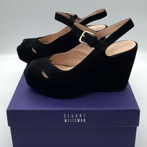 Stuart Weitzman “Turnover” Black Suede Platform Peep Toe Wedge Sandals